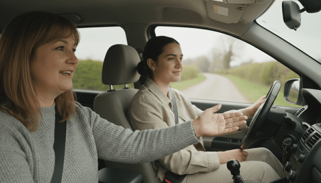 Driving instructor guiding a student on a quiet Bedfordshire road