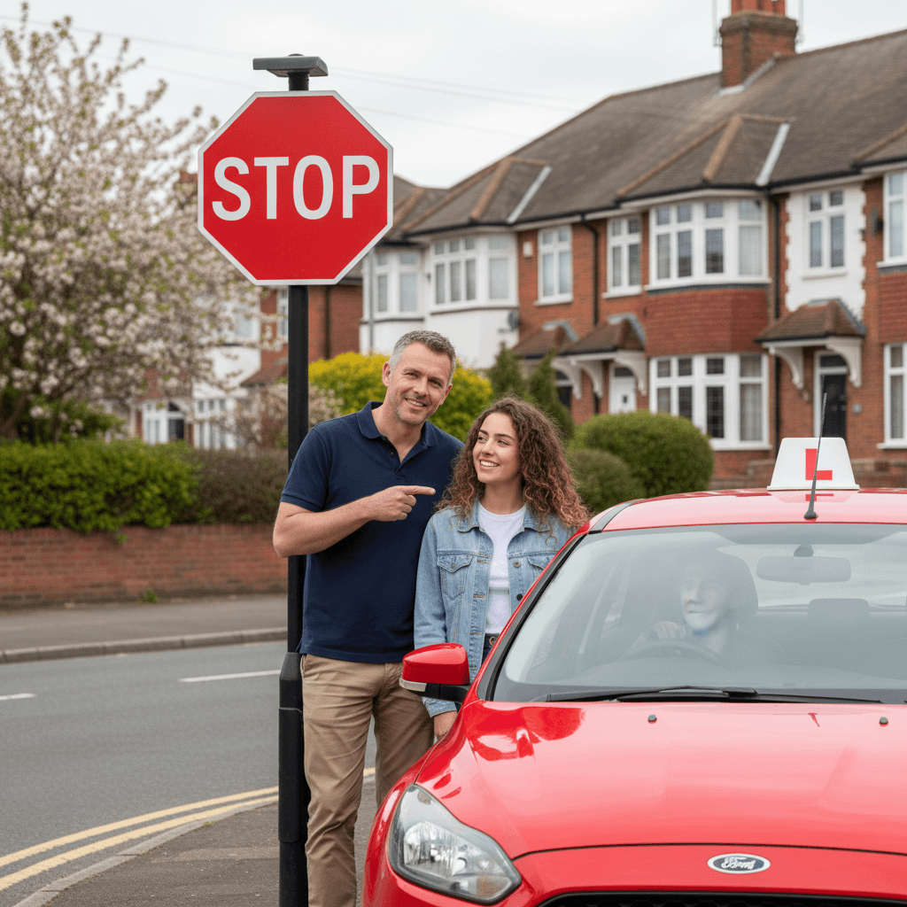Instructor explaining a road sign to a student