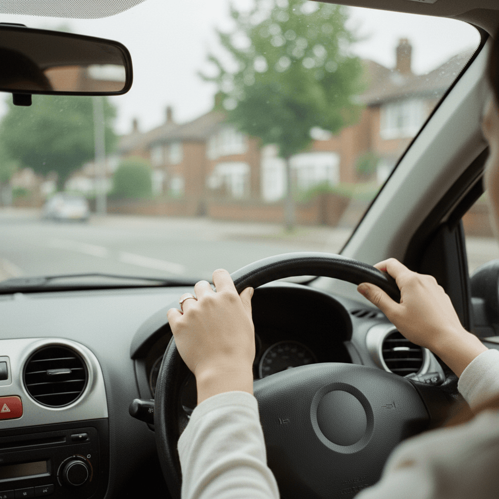 Hands on steering wheel during a driving lesson