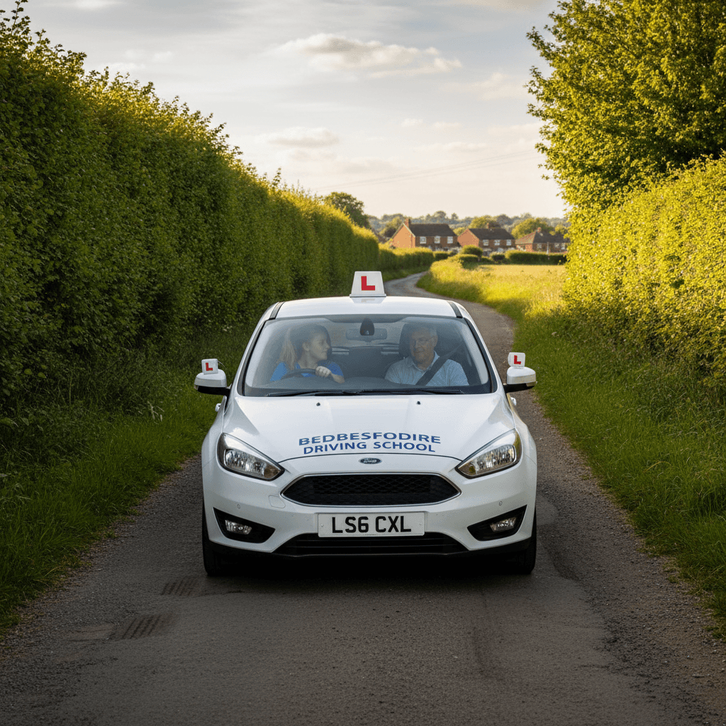 Student practicing reversing on a quiet lane