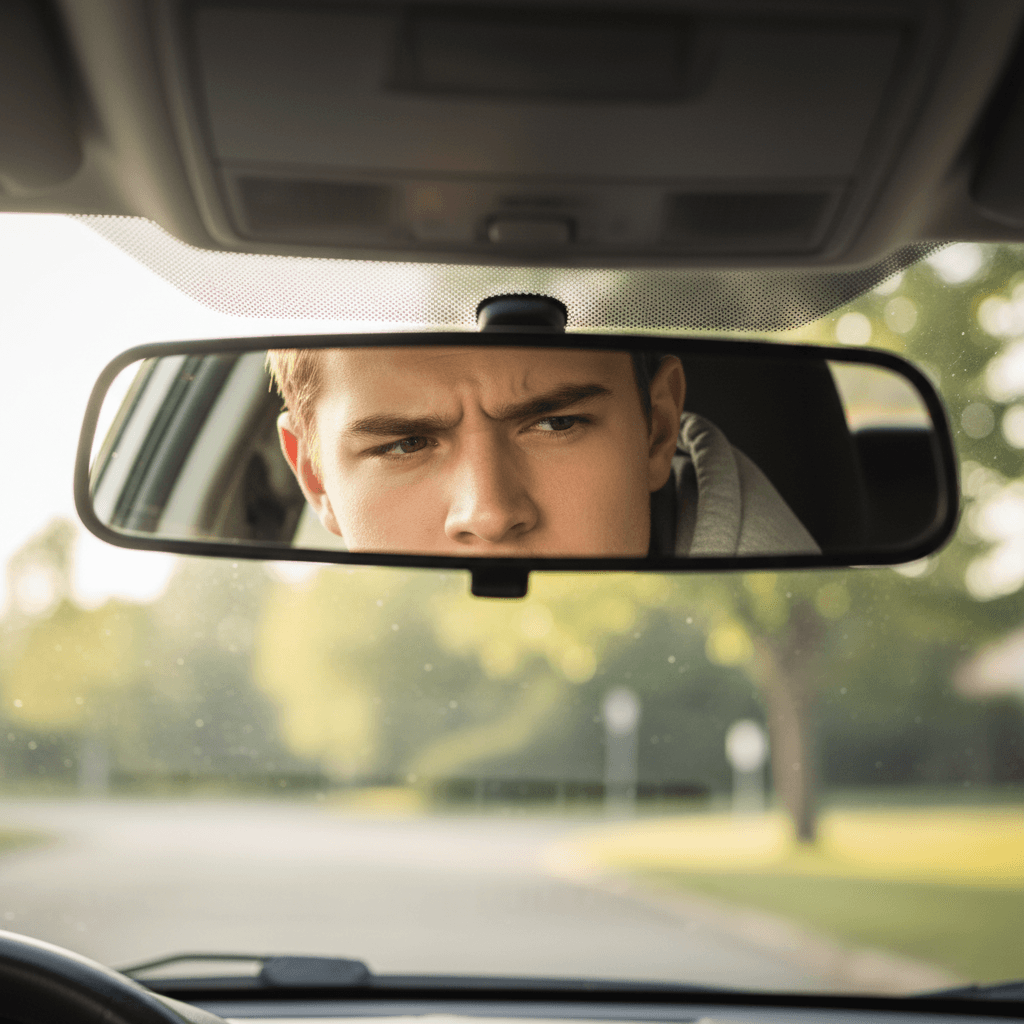 Student checking rear-view mirror