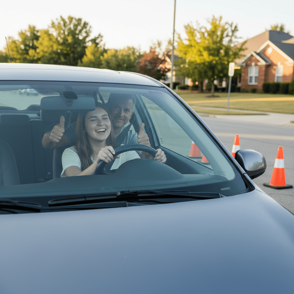 Student celebrating a successful parallel park