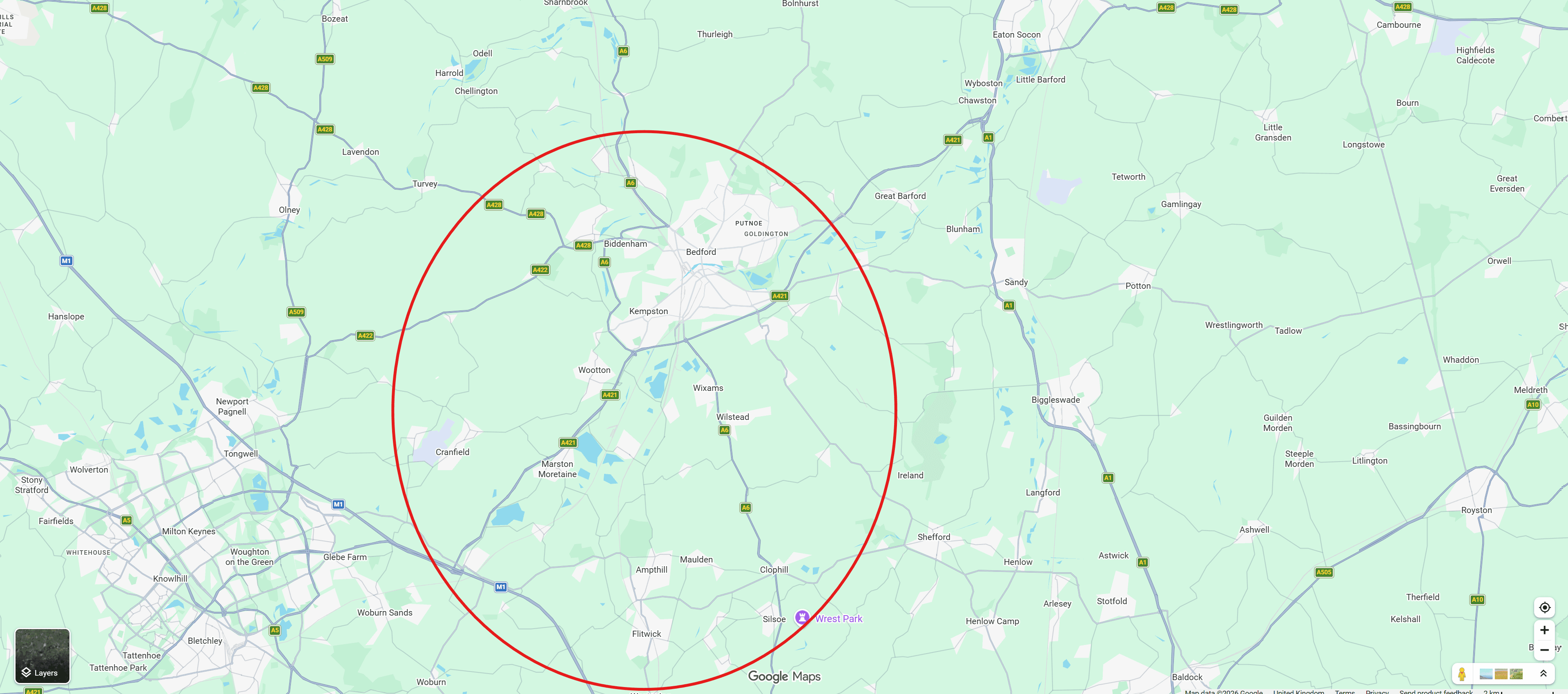 Google Maps screenshot of Bedford and surrounding villages highlighted within a large red circle.